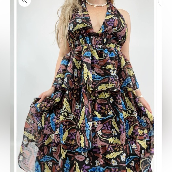 MEET ME IN SANTORINI FLORAL HALTER TIERED RUFFLE FOREST FAIRY MAXI DRESS SIZE XS - Picture 5 of 15